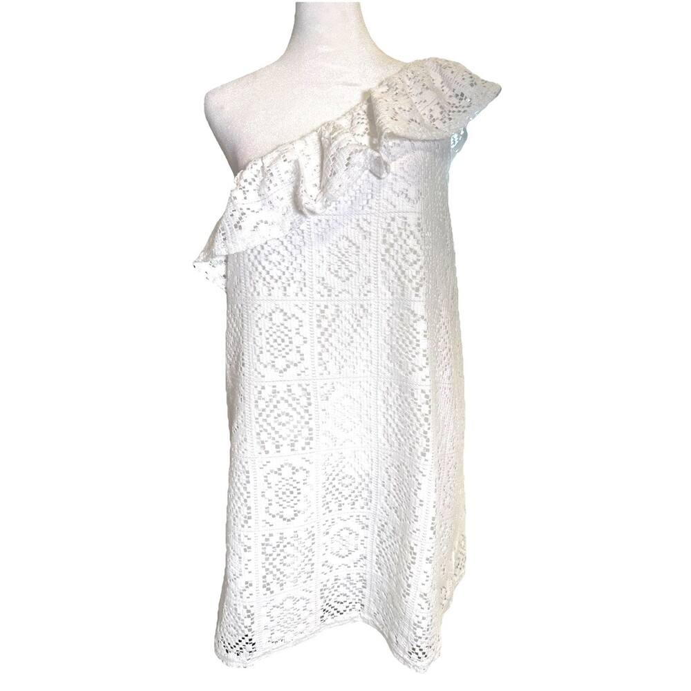 Pink Lily White One Shoulder Ruffle Crochet Lace Mini Dress Sz M Coquette Resort